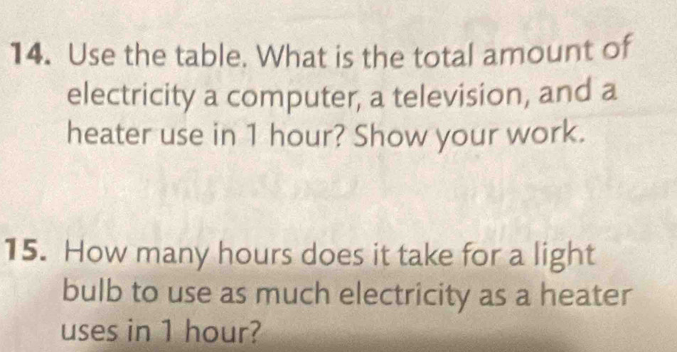 Use the table. What is the total amount of 
electricity a computer, a television, and a 
heater use in 1 hour? Show your work. 
15. How many hours does it take for a light 
bulb to use as much electricity as a heater 
uses in 1 hour?