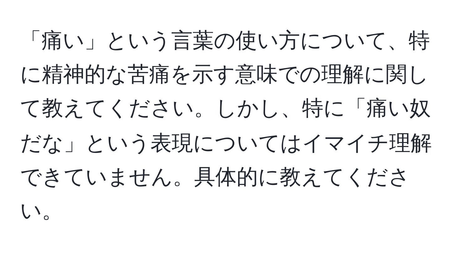 「痛い」という言葉の使い方について、特に精神的な苦痛を示す意味での理解に関して教えてください。しかし、特に「痛い奴だな」という表現についてはイマイチ理解できていません。具体的に教えてください。