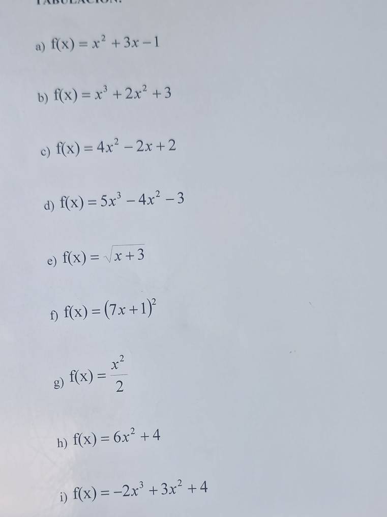 f(x)=x^2+3x-1
b) f(x)=x^3+2x^2+3
c) f(x)=4x^2-2x+2
d) f(x)=5x^3-4x^2-3
e) f(x)=sqrt(x+3)
f) f(x)=(7x+1)^2
g) f(x)= x^2/2 
h) f(x)=6x^2+4
i) f(x)=-2x^3+3x^2+4