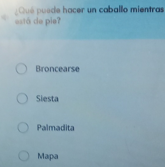 ¿Qué puede hacer un caballo mientras
está de pie?
Broncearse
Siesta
Palmadita
Mapa