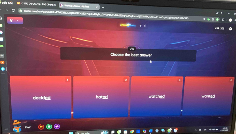 cốc cốc (1258) Dù Cho Tận Thế, Chúng Ta Q Playing a Game - Quizizz
quizizz.com/join/game/U2FsdGVkX1%252Fj1bSF2L%252FPjqCkwf9tyDUJ7PP7PlDy33rD%252BgRXXAq3mzhvUjSX4KFf%25283o4FLb4OrqVvXg5I8jrg%253D%253D
StrikaWCmgle 454 205
1/50
Choose the best answer
1
3
decided hated watched wanted
Thư
1 ?/62/202 B29 CH