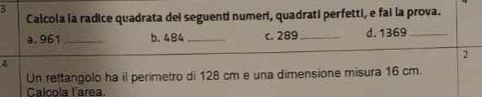 Calcola la radice quadrata dei seguenti numer, quadrati perfetti, e fai la prova. 
a. 961 _b. 484 _ c. 289 _ d. 1369 _ 
2 
4 
Un rettangolo ha il perimetro di 128 cm e una dimensione misura 16 cm. 
Calcola l'area.