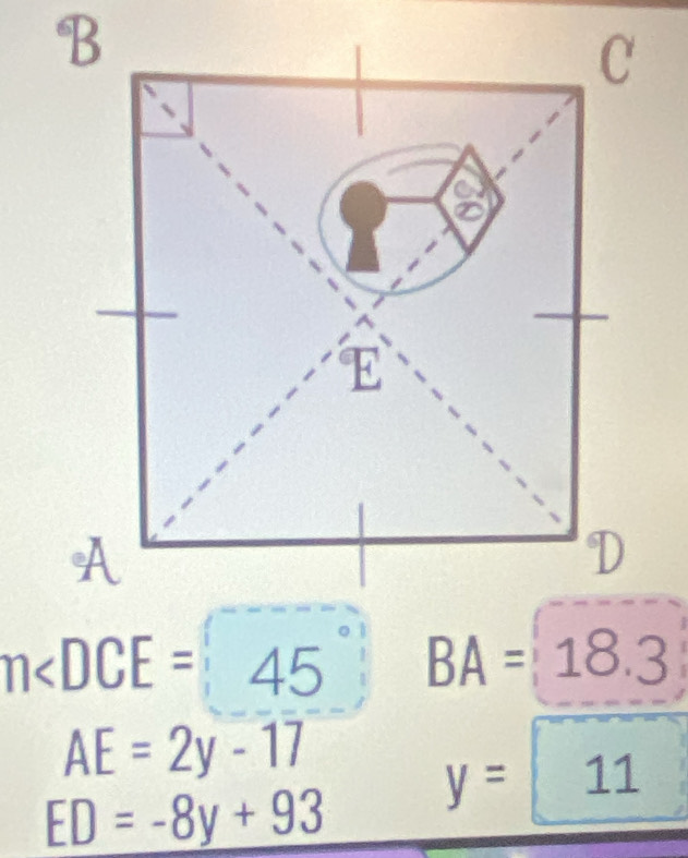 AE=2y-17
y=11
ED=-8y+93