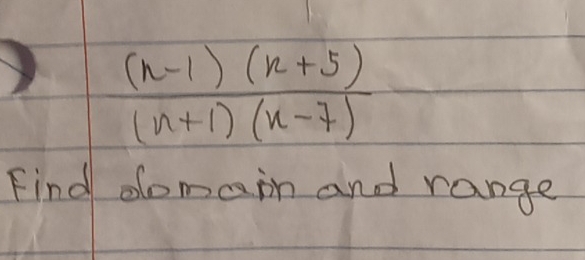  ((n-1)(n+5))/(n+1)(n-7) 
Find domain and range