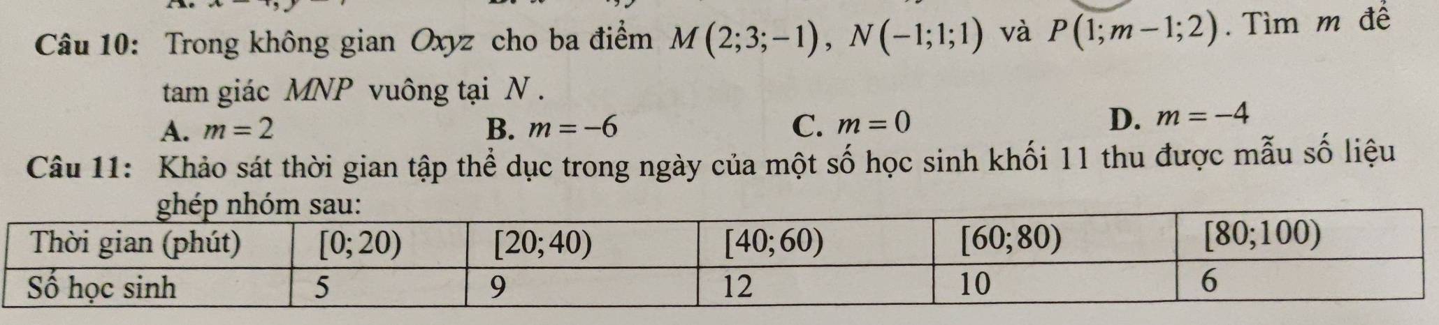 Trong không gian Oxyz cho ba điểm M(2;3;-1),N(-1;1;1) và P(1;m-1;2). Tìm m để
tam giác MNP vuông tại N .
A. m=2 B. m=-6 C. m=0
D. m=-4
Câu 11: Khảo sát thời gian tập thể dục trong ngày của một số học sinh khối 11 thu được mẫu số liệu