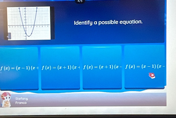 Identify a possible equation.
f(x)=(x-1)(x+f(x)=(x+1)(x+f(x)=(x+1)(x-f(x)=(x-1)(x-
Stefany
Franco