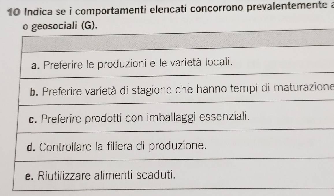 Indica se i comportamenti elencati concorrono prevalentemente a 
G) 
ne