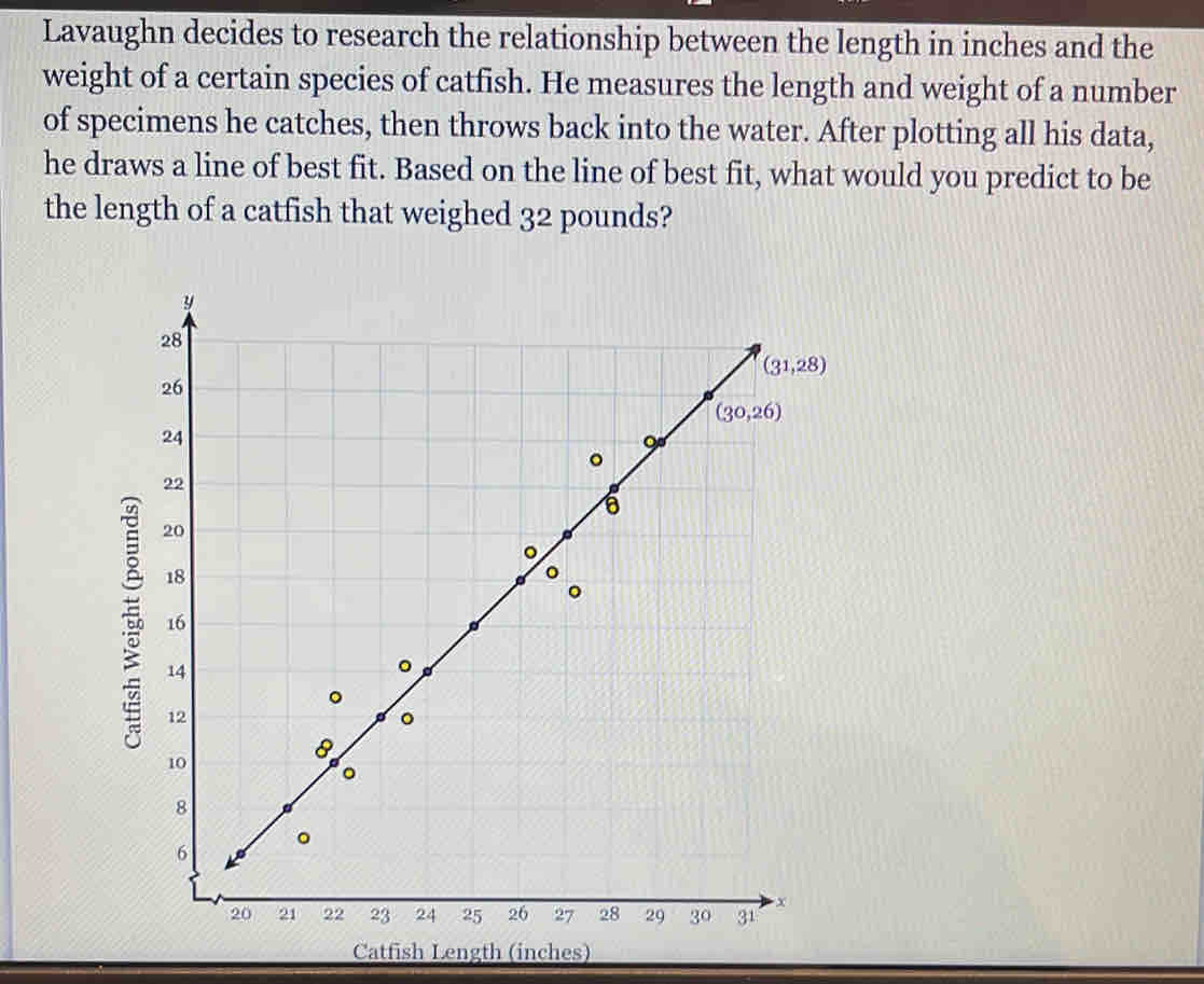 Lavaughn decides to research the relationship between the length in inches and the
weight of a certain species of catfish. He measures the length and weight of a number
of specimens he catches, then throws back into the water. After plotting all his data,
he draws a line of best fit. Based on the line of best fit, what would you predict to be
the length of a catfish that weighed 32 pounds?
Catfish Length (inches)