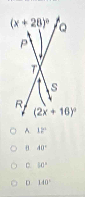 A. 12°
B. 40°
C. 50°
D 140°