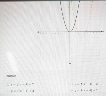 x
Answer
y=f(x-4)-2
y=f(x-4)+2
y=f(x+4)+2
y=f(x+4)-2