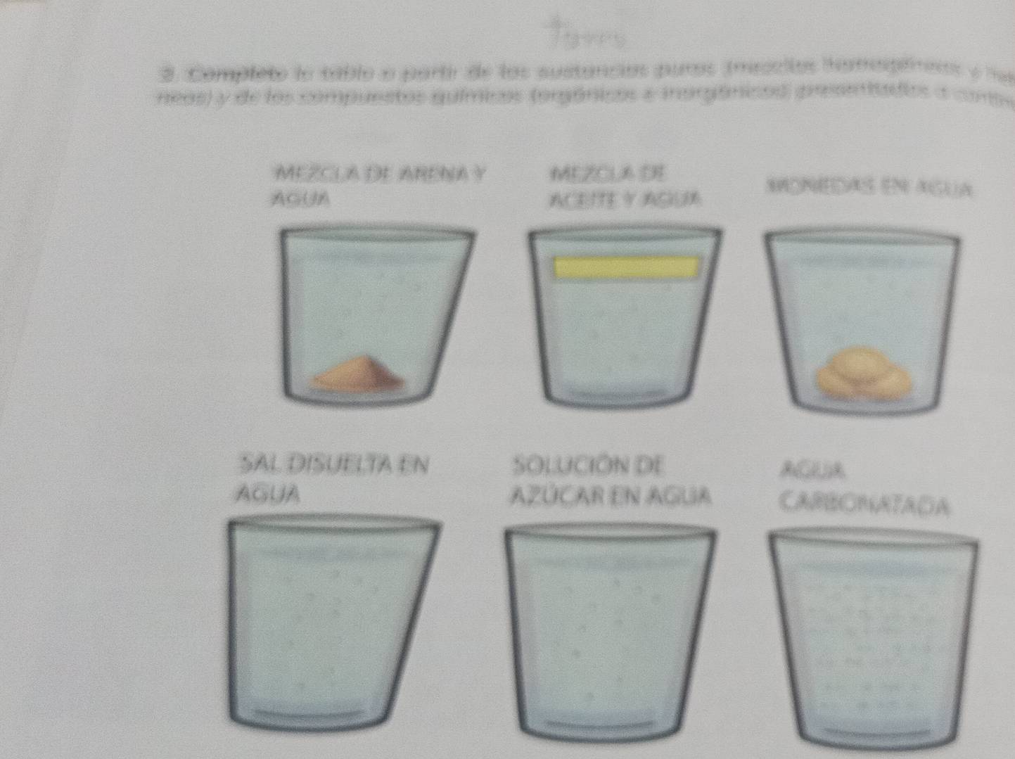 Completo la tablo o partir de los sustancias puras (mecellos iamapéresos e nel 
neos) y de los compuestos químicos (orgónicos e inorgánicos preemtadios a com 
MEZCLA DE ARENA Y MEZCLA DE 
AC∪A ACEITE Y AGUE 
SAL DISUELTA EN SOLUCIÓN DE AGUA 
AGUA AZÚCAR EN AGUIA CARBONATADA