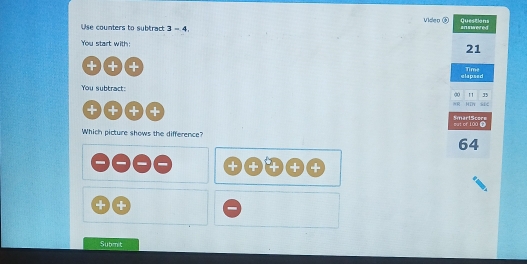 Video ⑥ questions 
Use counters to subtract 3=4 an wered 
You start with:
21
+ + + elapsed Time 
You subtract: 
" 35
《R HDY 
+ +++ SmarlScor= 
out of 100. 
Which picture shows the difference?
64
+ 
Subm t