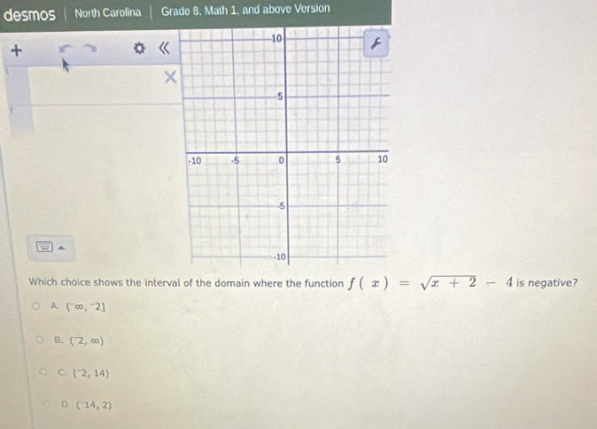 desmos North Carolina Grade 8, Math 1, and above Version
+
×
Which choice shows the interval of the domain where the function f(x)=sqrt(x+2)-4 is negative?
A. (^-∈fty ,^-2]
B. (^-2,∈fty )
C [^-2,14)
D. (^-14,2)