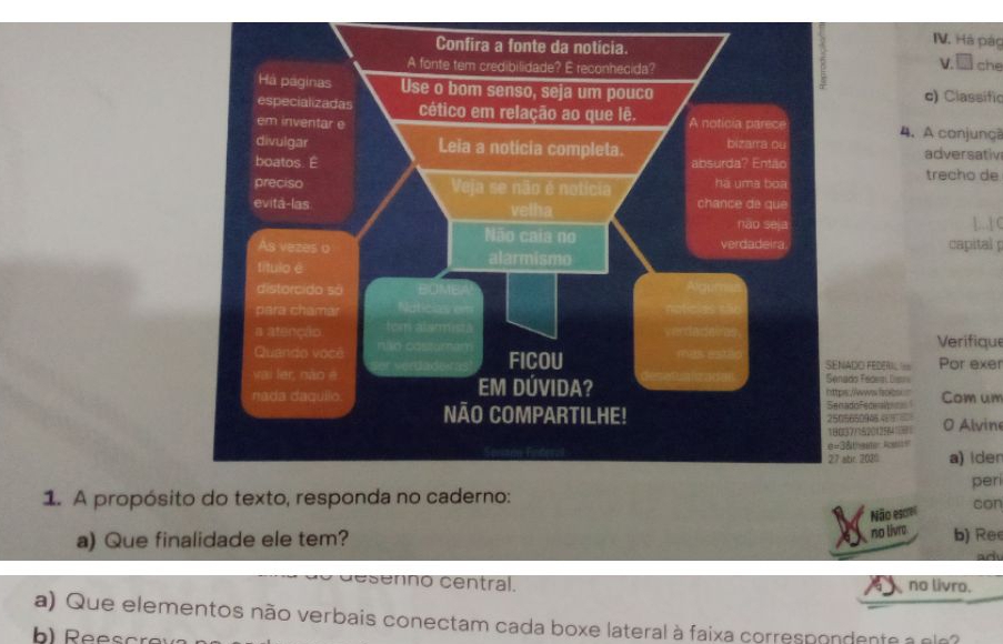 Hà pág 
che 
V. 
c) Classific 
4. A conjunç 
adversativ 
trecho de 
L..1 C 
capital p 
Verifique 
Por exer 
DO FEDERL === 
do Feder D 
/wws fots = Com um
66094549 doFecenlbnos 
7/1620129481 O Alvin 
theie Ra 
27 sbr. 2030 a) iden 
peri 
1. A propósito do texto, responda no caderno: 
Não escrel 
con 
no livra. 
a) Que finalidade ele tem? b) Ree 
ad 
desennó central, no livro. 
a) Que elementos não verbais conectam cada boxe lateral à faixa correspondente a ela?