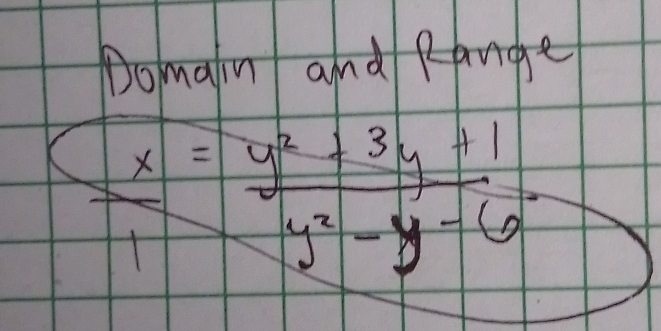 Domain and Range
 x/1 = (y^2+3y+1)/y^2-y-6 