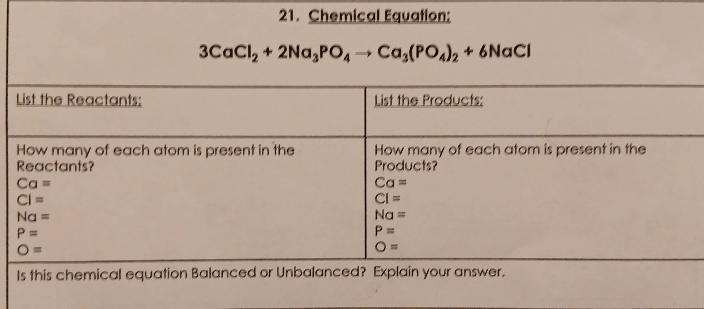 Chemical Equation:
3CaCl_2+2Na_3PO_4to Ca_3(PO_4)_2+6NaCl
Is this chemical equation Balanced or Unbalanced? Explain your answer.