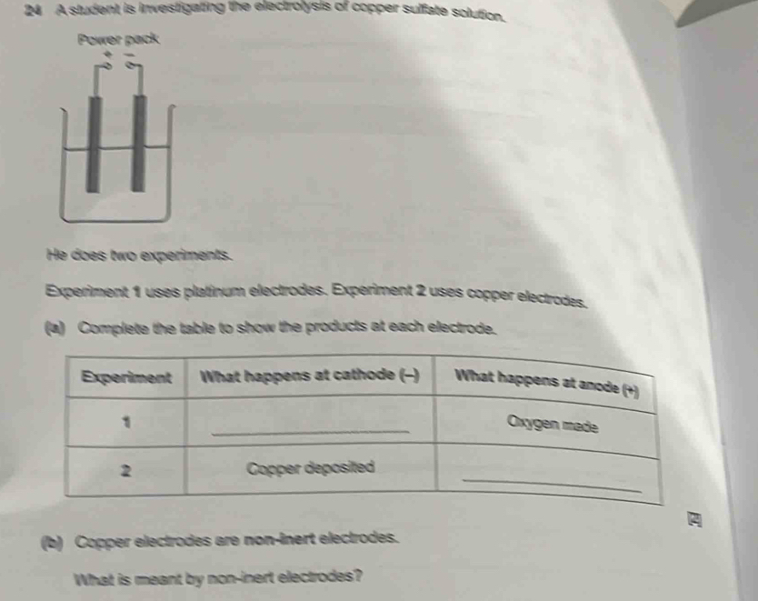 A student is investigating the electrolysis of copper sulfate solution. 
He does two experiments. 
Experiment 1 uses platinum electrodes. Experiment 2 uses copper electrodes. 
(a) Complete the table to show the products at each electrode. 
(b) Copper electrodes are non-inert electrodes. 
What is meant by non-inert electrodes?