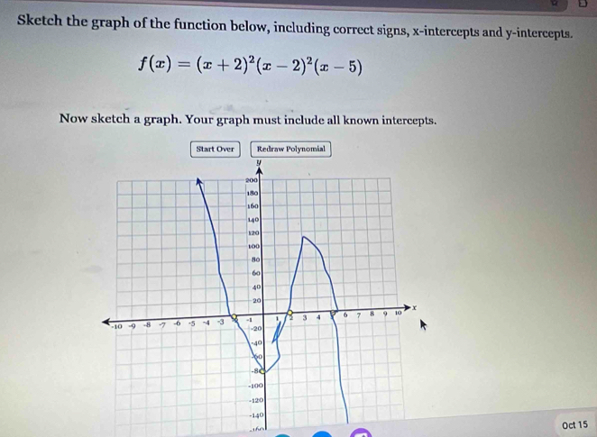 Sketch the graph of the function below, including correct signs, x-intercepts and y-intercepts.
f(x)=(x+2)^2(x-2)^2(x-5)
Now sketch a graph. Your graph must include all known intercepts. 
Start Over Redraw Polynomial 
Oct 15