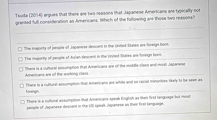 Tsuda (2014) argues that there are two reasons that Japanese Americans are typically not
granted full consideration as Americans. Which of the following are those two reasons?
The majority of people of Japanese descent in the United States are foreign born.
The majority of people of Asian descent in the United States are foreign born.
There is a cultural assumption that Americans are of the middle class and most Japanese
Americans are of the working class.
There is a cultural assumption that Americans are white and so racial minorities likely to be seen as
foreign.
There is a cultural assumption that Americans speak English as their first language but most
people of Japanese descent in the US speak Japanese as their first language.