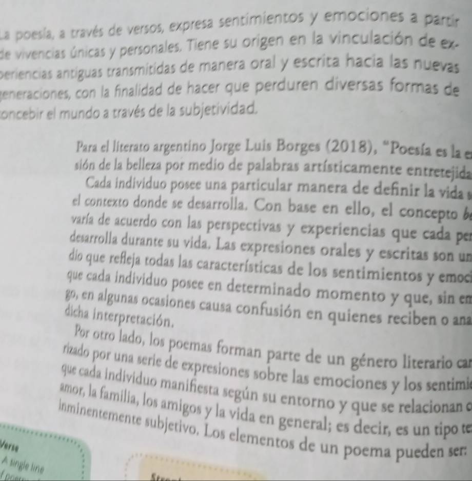 La poesía, a través de versos, expresa sentimientos y emociones a partír 
de vivencias únicas y personales. Tiene su origen en la vinculación de ex- 
periencias antíguas transmitidas de manera oral y escrita hacía las nuevas 
generaciones, con la finalidad de hacer que perduren diversas formas de 
concebir el mundo a través de la subjetividad. 
Para el literato argentino Jorge Luis Borges (2018), “Poesía es la e 
sión de la belleza por medio de palabras artísticamente entretejida 
Cada individuo posee una particular manera de definir la vidas 
el contexto donde se desarrolla. Con base en ello, el concepto 
varía de acuerdo con las perspectivas y experiencias que cada per 
desarrolla durante su vida. Las expresiones orales y escritas son un 
dio que refleja todas las características de los sentimientos y emoc 
que cada individuo posee en determinado momento y que, sin em 
go, en algunas ocasiones causa confusión en quienes reciben o ana 
dicha interpretación. 
Por otro lado, los poemas forman parte de un género literario ca 
rizado por una serie de expresiones sobre las emociones y los sentimi 
que cada individuo manifiesta según su entorno y que se relacionan e 
amor, la familia, los amigos y la vida en general; es decir, es un tipo te 
inminentemente subjetivo. Los elementos de un poema pueden sen 
Verse 
A single line 
c