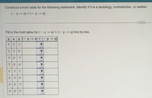 Solved: Construct a truth table for the following statement. Identify ...