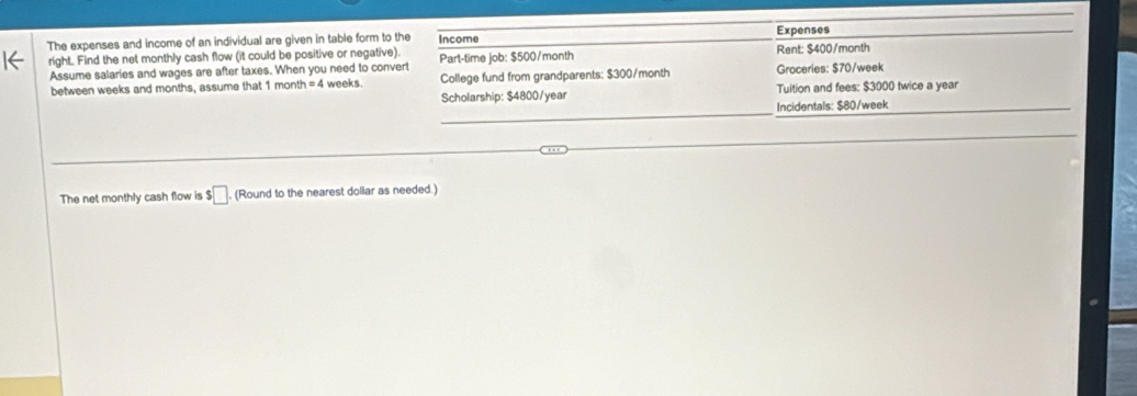 The expenses and income of an individual are given in table form to the Income Expenses
right. Find the net monthly cash flow (it could be positive or negative). Rent: $400/month
Assume salaries and wages are after taxes. When you need to convert weeks. Part-time job: $500/month
between weeks and months, assume that 1 month =4 College fund from grandparents: $300/month Groceries: $70/week
Scholarship: $4800/year Tuition and fees: $3000 twice a year
Incidentals: $80/week
The net monthly cash flow is $□ (Round to the nearest dollar as needed.)