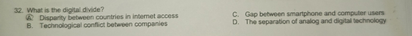 What is the digital divide?
A. Disparity between countries in internet access C. Gap between smartphone and computer users
B. Technological conflict between companies D. The separation of analog and digital technology