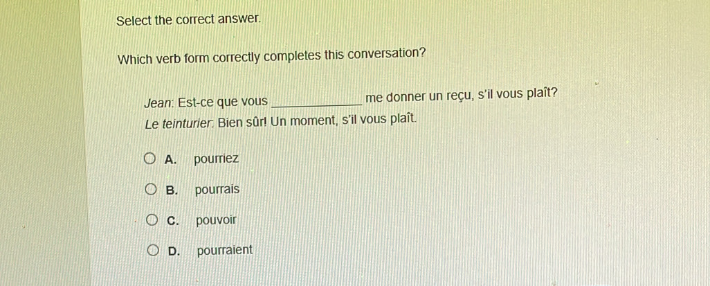 Solved: Select the correct answer. Which verb form correctly completes ...