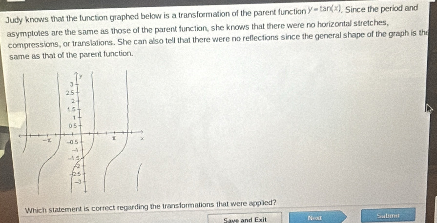 Judy knows that the function graphed below is a transformation of the parent function y=tan (x). Since the period and 
asymptotes are the same as those of the parent function, she knows that there were no horizontal stretches, 
compressions, or translations. She can also tell that there were no reflections since the general shape of the graph is the 
same as that of the parent function. 
Which statement is correct regarding the transformations that were applied? 
Save and Exit Next Submi