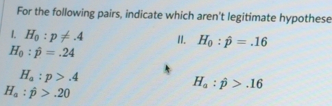 For the following pairs, indicate which aren't legitimate hypothese 
1. H_0:p!= .4
II. H_0:hat p=.16
H_0:hat p=.24
H_a:p>.4
H_a:hat p>.16
H_a:hat p>.20