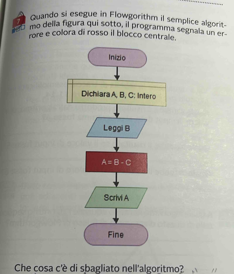 Quando si esegue in Flowgorithm il semplice algorit
1 mo della figura qui sotto, il programma segnala un er-
rore e colora di rosso il blocco centrale.
Che cosa c'è di sbagliato nell'algoritmo?