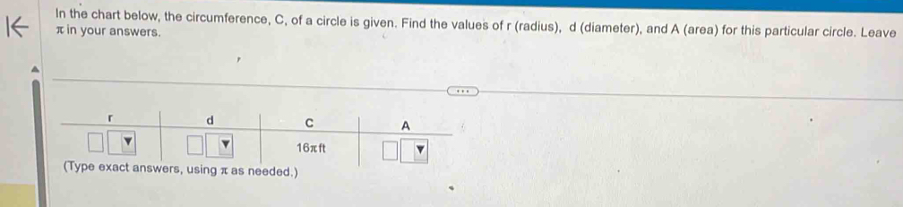 In the chart below, the circumference, C, of a circle is given. Find the values of r (radius), d (diameter), and A (area) for this particular circle. Leave
π in your answers. 
^ 
ded.)