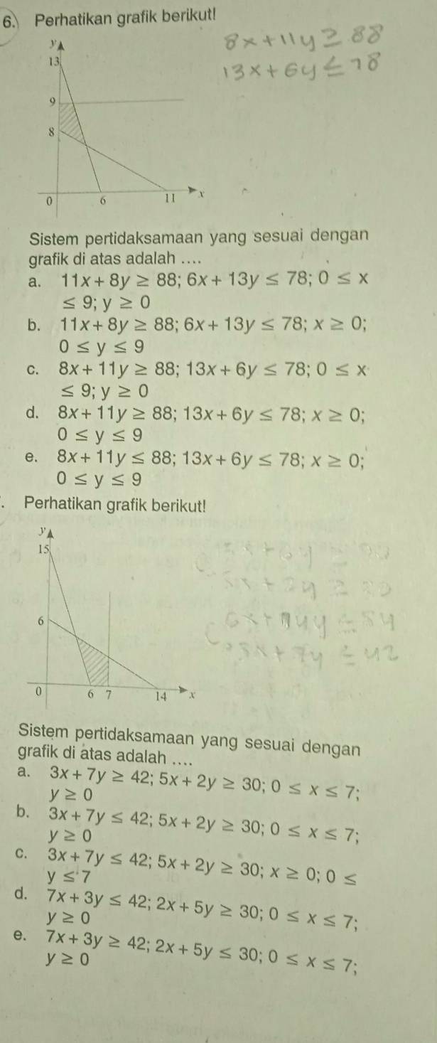 Perhatikan grafik berikut! 
Sistem pertidaksamaan yang sesuai dengan 
grafik di atas adalah …. 
a. 11x+8y≥ 88; 6x+13y≤ 78; 0≤ x
≤ 9; y≥ 0
b. 11x+8y≥ 88; 6x+13y≤ 78; x≥ 0;
0≤ y≤ 9
C. 8x+11y≥ 88; 13x+6y≤ 78; 0≤ x
≤ 9; y≥ 0
d. 8x+11y≥ 88; 13x+6y≤ 78; x≥ 0;
0≤ y≤ 9
e. 8x+11y≤ 88; 13x+6y≤ 78; x≥ 0;
0≤ y≤ 9. Perhatikan grafik berikut! 
Sistem pertidaksamaan yang sesuai dengan 
grafik di atas adalah .... 
a. 3x+7y≥ 42; 5x+2y≥ 30; 0≤ x≤ 7;
y≥ 0
b. 3x+7y≤ 42; 5x+2y≥ 30; 0≤ x≤ 7;
y≥ 0
C. 3x+7y≤ 42; 5x+2y≥ 30; x≥ 0; 0≤
y≤ 7
d. 7x+3y≤ 42; 2x+5y≥ 30; 0≤ x≤ 7;
y≥ 0
e. 7x+3y≥ 42; 2x+5y≤ 30; 0≤ x≤ 7 :
y≥ 0