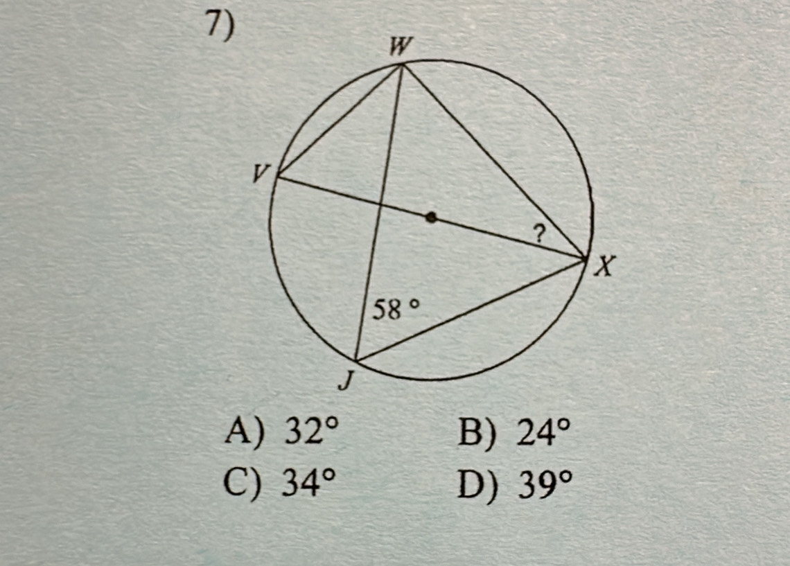 A) 32° B) 24°
C) 34° D) 39°