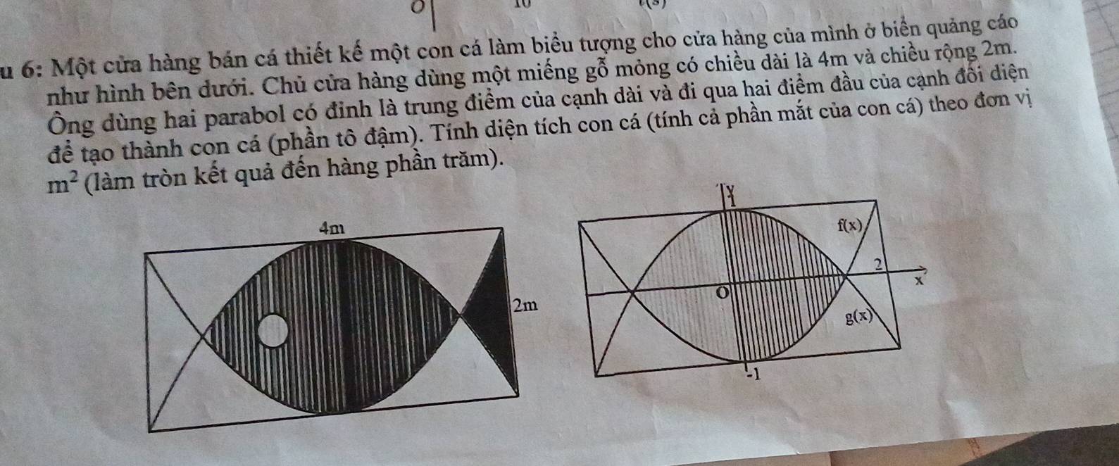 Su 6: Một cửa hàng bán cá thiết kế một con cá làm biểu tượng cho cửa hàng của mình ở biển quảng cáo
như hình bên đưới. Chủ cửa hàng dùng một miếng gỗ mỏng có chiều dài là 4m và chiều rộng 2m.
Ông dùng hai parabol có đinh là trung điểm của cạnh dài và đi qua hai điểm đầu của cạnh đối diện
để tạo thành con cá (phần tô đậm). Tính diện tích con cá (tính cả phần mắt của con cá) theo đơn vị
m^2 (làm tròn kết quả đến hàng phần trăm).
4m
2m