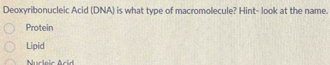 Deoxyribonucleic Acid (DNA) is what type of macromolecule? Hint- look at the name.
Protein
Lipid
Nucleic Acid