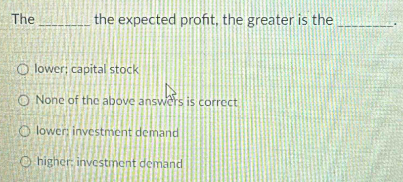 The _the expected proft, the greater is the_
.
lower; capital stock
None of the above answers is correct
lower: investment demand
higher: investment demand