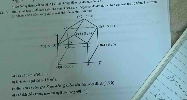 [0.1]
d) Sổ đường thắng cắt đồ thị f(x) tại những điểm tọa độ nguyễn là   .
Câu 3.  Hình minh họa sơ đồ một ngôi nhà trong không gian Oxyz với độ dài đơn vị trên các trục tọa độ bằng 1m, trong
đó nền nhà, bốn bứai mái nhà đều là hình chữ nhật
a) Toạ độ điểm H(0;5;3).
b) Diện tích ngôi nhà là 12(m^2).
c) Hình chiếu vuông góc K của điểm Q xuống nền nhà có tọa độ K(2;5;0).
d) Thể tích phần không gian của ngôi nhà b dot ang 60(m^3).