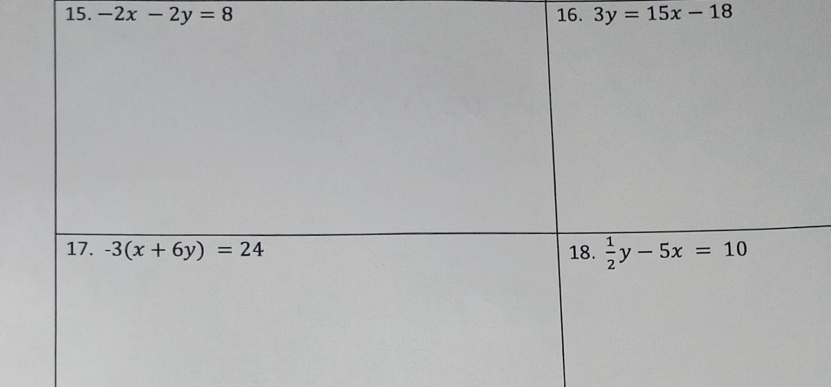 -2x-2y=8 16. 3y=15x-18