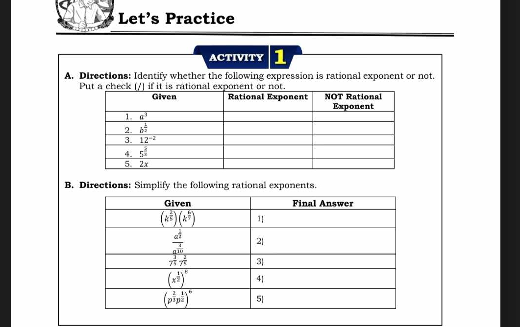 Let’s Practice
ACTIvITY 1
A. Directions: Identify whether the following expression is rational exponent or not.
Put a chec
B. Directions: Simplify the following rational exponents.