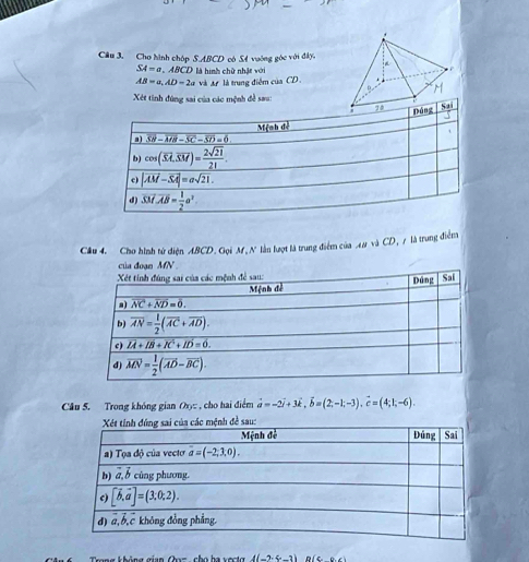 Cho hình chóp S.ABCD có 54 vuờng góc với đây,
SA=a,ABCD là hình chữ nhật với
AB=a,AD-2a và t là trung điễm của CD
Xét tinh đúng sai của các mệnh đề sau:
Cầu 4. Cho hình tử diện ABCD. Gọi M, N lần lượt là trung điểm của 48 và CD, 7 là trung điểm
Câu 5. Trong khóng gian Oy% , cho hai điểm vector a=-2vector i+3vector k,vector b=(2,-1,-3).vector c=(4;1,-6).
cho ha vecto 4(-2,4,-3) (c(c,0)