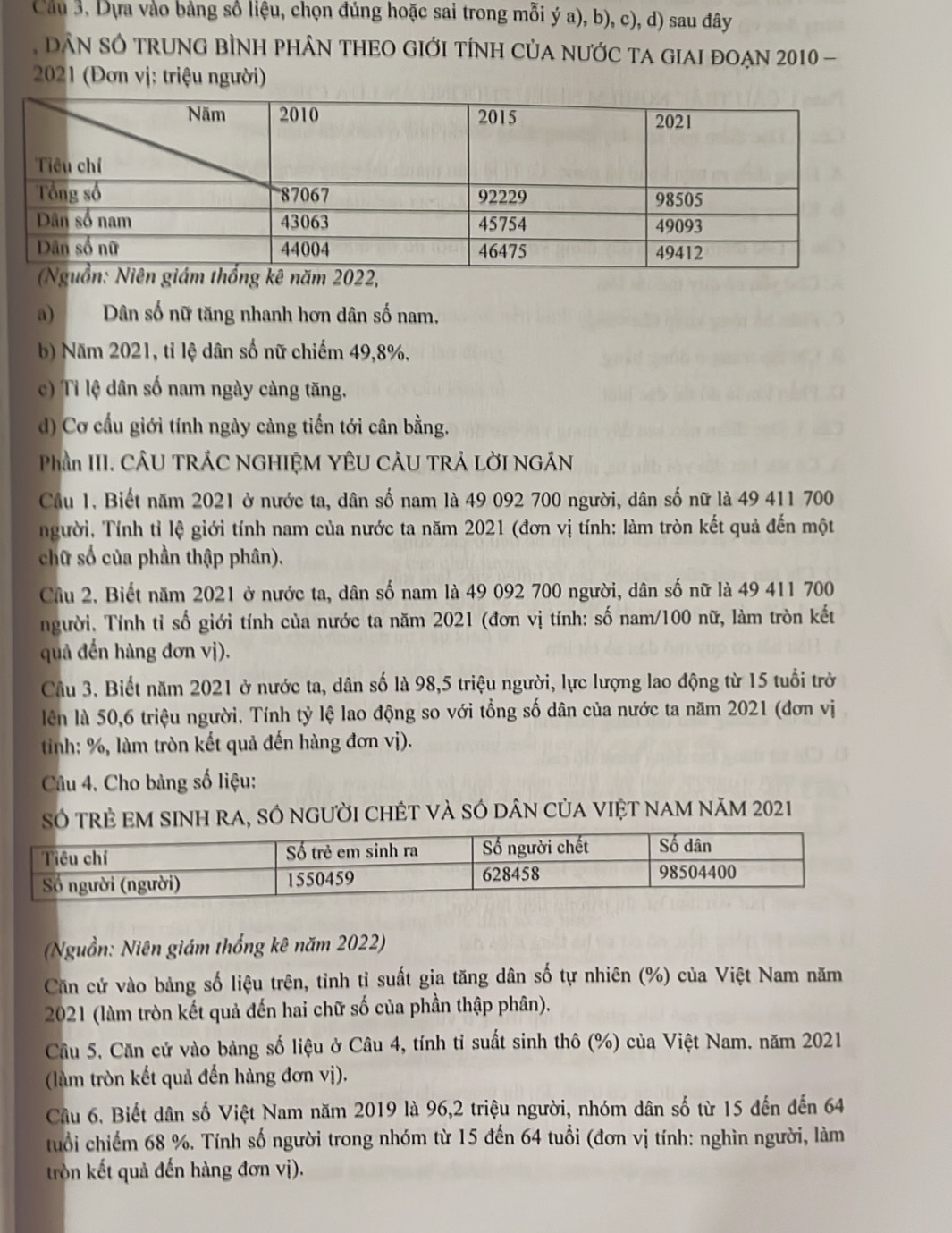 Cầu 3, Dựa vào bảng số liệu, chọn đúng hoặc sai trong mỗi ý a), b), c), d) sau đây
DâN SÓ trunG bÌNh phÂN tHEO GIỚi tÍnH Của nước ta giai đoẠn 2010 -
*  2021 (Đơn vị: triệu người)
a) Dân số nữ tăng nhanh hơn dân số nam.
b) Năm 2021, tỉ lệ dân số nữ chiếm 49,8%,
c) Tỉ lệ dân số nam ngày càng tăng.
d) Cơ cấu giới tính ngày càng tiến tới cân bằng.
Phần III. CÂU TRÁC NGHIỆM YÊU CÂU TRẢ LỜI NGÁN
Cầu 1, Biết năm 2021 ở nước ta, dân số nam là 49 092 700 người, dân số nữ là 49 411 700
người, Tính tỉ lệ giới tính nam của nước ta năm 2021 (đơn vị tính: làm tròn kết quả đến một
chữ số của phần thập phân).
Cầâu 2. Biết năm 2021 ở nước ta, dân số nam là 49 092 700 người, dân số nữ là 49 411 700
người. Tính tỉ số giới tính của nước ta năm 2021 (đơn vị tính: số nam/100 nữ, làm tròn kết
quả đến hàng đơn vị).
Câu 3. Biết năm 2021 ở nước ta, dân số là 98,5 triệu người, lực lượng lao động từ 15 tuổi trở
lên là 50,6 triệu người. Tính tỷ lệ lao động so với tổng số dân của nước ta năm 2021 (đơn vị
tinh: %, làm tròn kết quả đến hàng đơn vị).
Câu 4. Cho bàng số liệu:
SÓ trẻ EM SINH rA, SÓ ngườI CHÊT vÀ SÓ dâN CủA vIệT nAm năm 2021
(Nguồn: Niên giám thống kê năm 2022)
Căn cứ vào bảng số liệu trên, tỉnh tỉ suất gia tăng dân số tự nhiên (%) của Việt Nam năm
2021 (làm tròn kết quả đến hai chữ số của phần thập phân).
Câu 5. Căn cử vào bảng số liệu ở Câu 4, tính tỉ suất sinh thô (%) của Việt Nam. năm 2021
(làm tròn kết quả đến hàng đơn vị).
Câu 6. Biết dân số Việt Nam năm 2019 là 96,2 triệu người, nhóm dân số từ 15 đến đến 64
tuổi chiếm 68 %. Tính số người trong nhóm từ 15 đến 64 tuổi (đơn vị tính: nghìn người, làm
tròn kết quả đến hàng đơn vị).