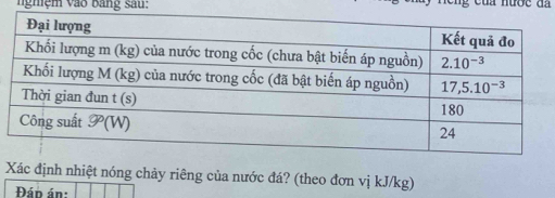 nghệm vào Bảng sau:
Xác định nhiệt nóng chảy riêng của nước đá? (theo đơn vị kJ/kg)
Đán án: