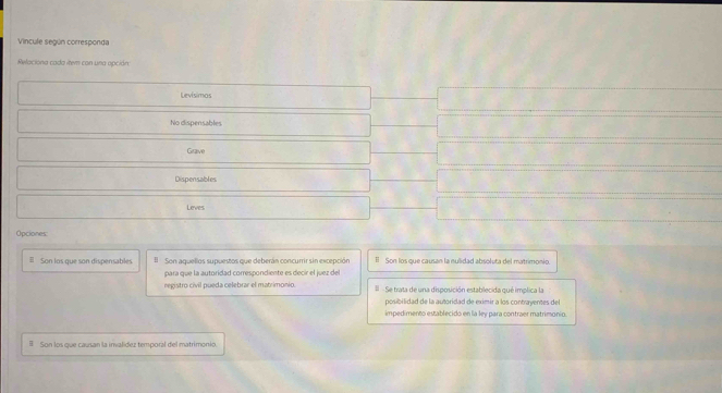 Vincule según corresponda
Relacióna cada item con una opción
Levísimos
No dispensables
Grave
Dispensables
Leves
Opciones:
# Son los que son dispensables #l Son aquellos supuestos que deberán concurrir sin excepción # Son los que causan la nulidad absoluta del matrimonio.
para que la autoridad correspondiente es decir el juez del
registro civil pueda celebrar el matrimonio. Se trata de una disposición establecida qué implica la
posibilidad de la autoridad de eximir a los contrayentes del
impedimento establecido en la lev para contraer matrimonío
Son los que causan la invalídez temporal del matrimonio.