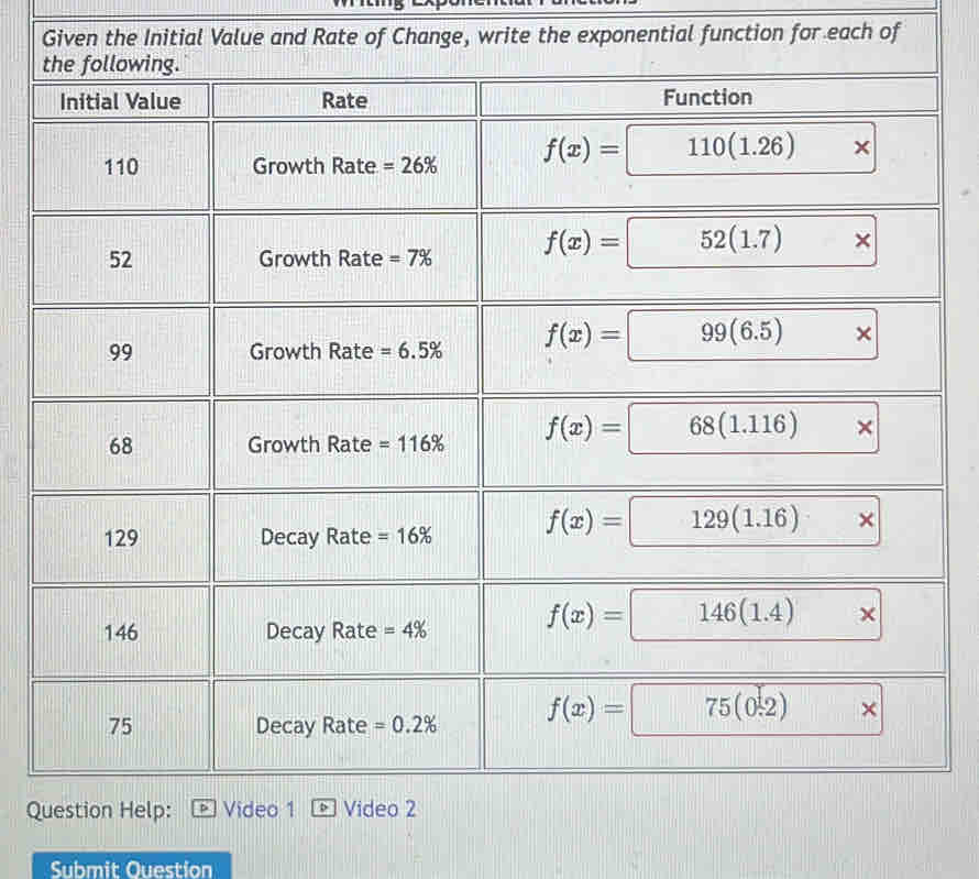 Given the Initial Value and Rate of Change, write the exponential function for each of
Q
Submit Ouestion