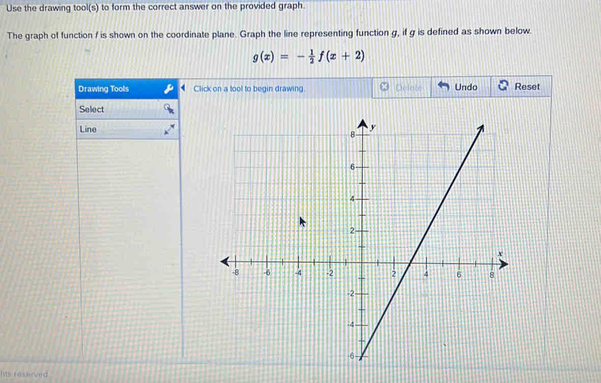 Use the drawing tool(s) to form the correct answer on the provided graph. 
The graph of function / is shown on the coordinate plane. Graph the line representing function g, if g is defined as shown below.
g(x)=- 1/2 f(x+2)
Drawing Tools Click on a tool to begin drawing. Delste Undo Reset 
Select 
Line 
hts reserved