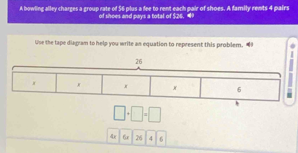 A bowling alley charges a group rate of $6 plus a fee to rent each pair of shoes. A family rents 4 pairs 
of shoes and pays a total of $26. 
Use the tape diagram to help you write an equation to represent this problem.
□ +□ =□
4x 6x 26 4 6