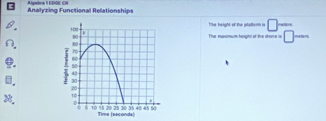 Algebra 1 EDGE CR 
Analyzing Functional Relationships 
The height of the platform is me tors . 
The maximum height of the drone is meters.