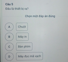 Đâu là thiết bị ra?
Chọn một đáp án đúng
A Chuột
B Máy in
C Bàn phím
D Máy đọc mã vạch