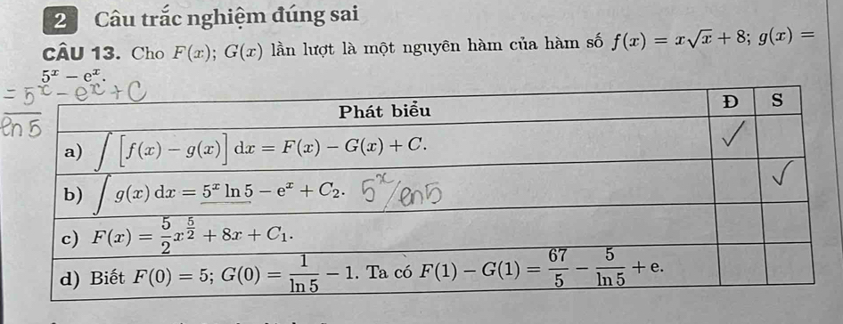 Câu trắc nghiệm đúng sai
cÂU 13. Cho F(x);G(x) lần lượt là một nguyên hàm của hàm số f(x)=xsqrt(x)+8;g(x)=
5^x-e^x.